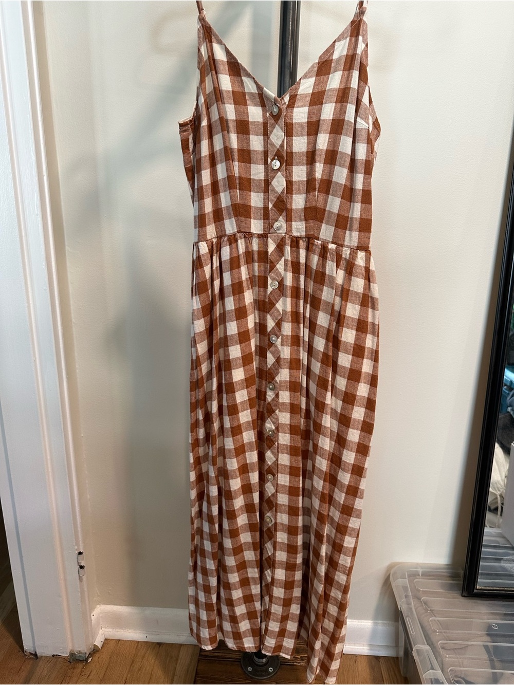 a new day Brown and White Gingham Button-Front Maxi Dress